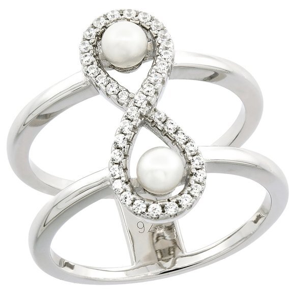Sterling Silver 2 Pearl Infinity Ring For Women Cubic Zirconia Accent